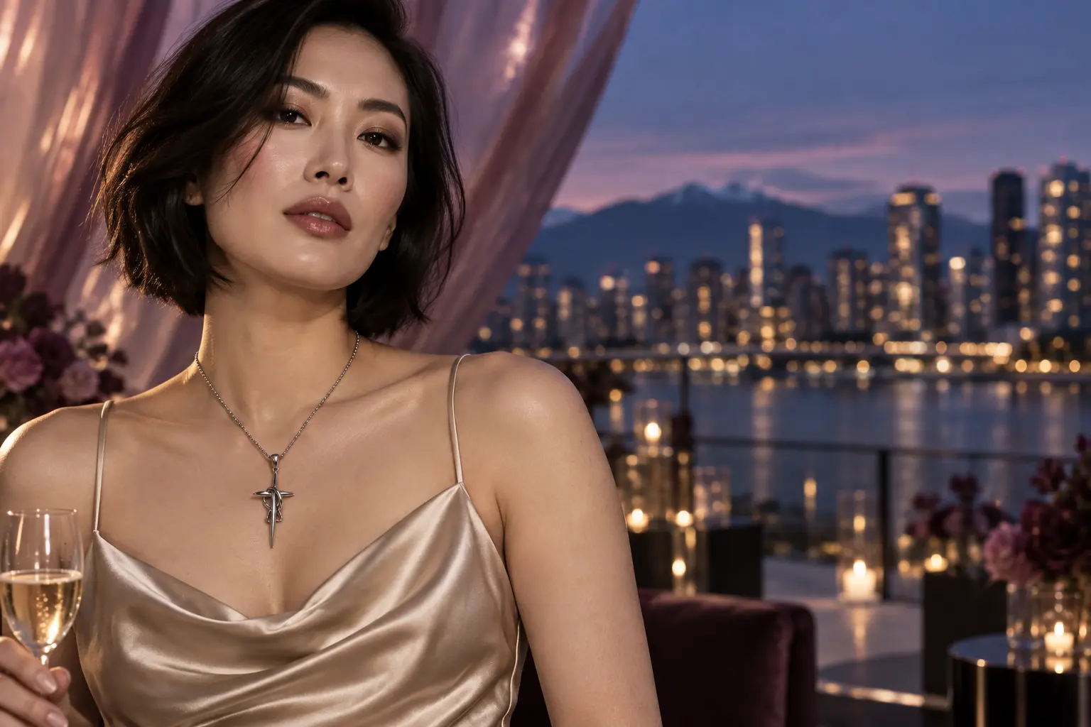 Woman at a Vancouver rooftop event wearing a sculptural silver pendant