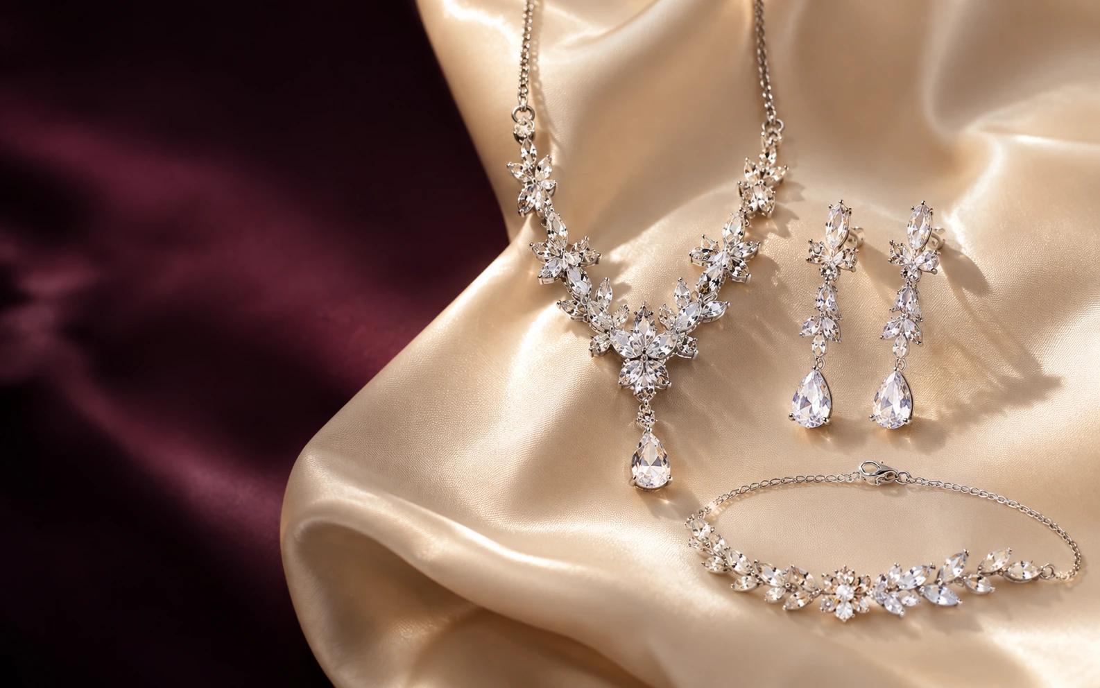 Élanne crystal jewelry editorial sample on champagne satin